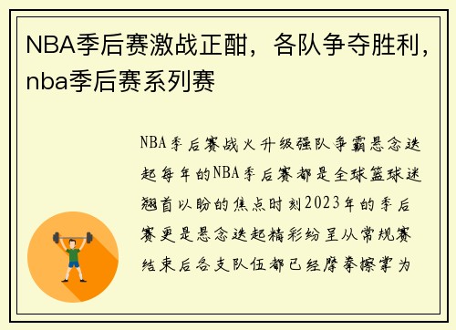 NBA季后赛激战正酣，各队争夺胜利，nba季后赛系列赛