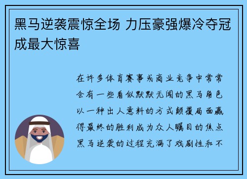 黑马逆袭震惊全场 力压豪强爆冷夺冠成最大惊喜