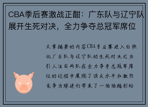 CBA季后赛激战正酣：广东队与辽宁队展开生死对决，全力争夺总冠军席位